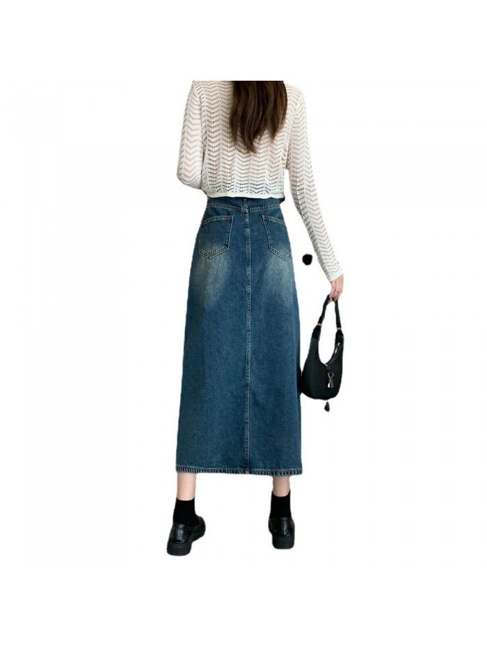 Oversized Hong Kong style retro split denim skirt for women in early spring New high waisted slim A-line mid length skirt 