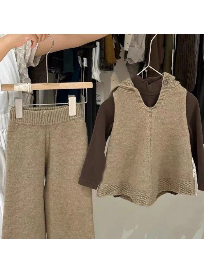 Winter New Girls' Solid Color Hooded Vest Sweater Two Piece Set Girls' Wide Leg Pants Knitted 