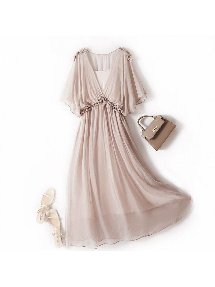 Women's silk dress, simple and elegant, pure color, mulberry silk dress, long style, new in summer 