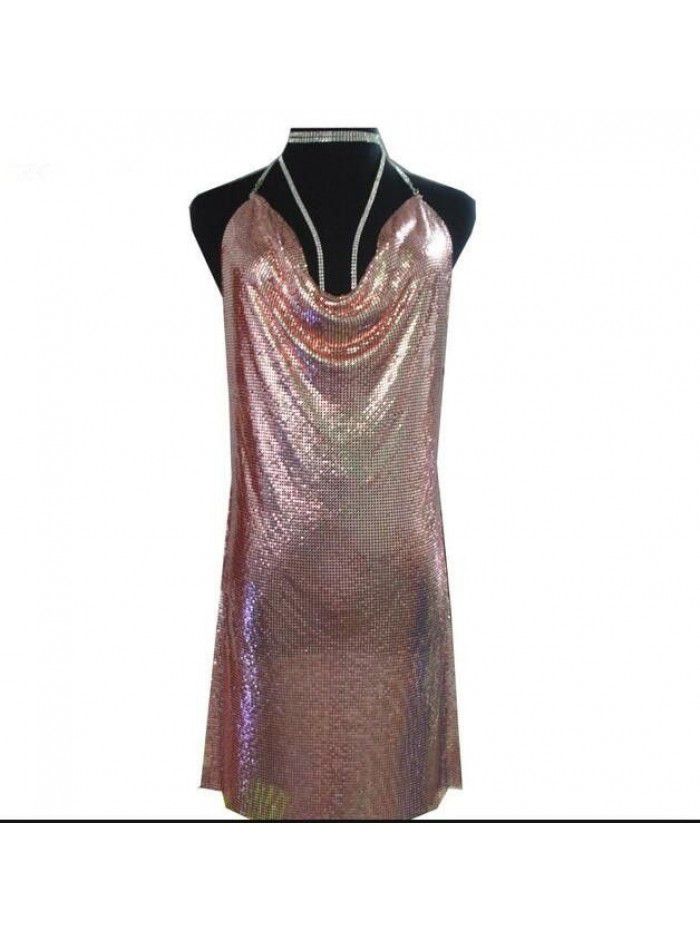 Women's open back metal sequins sexy suspender V-neck neck with diamond chain chain nightclub split dress 