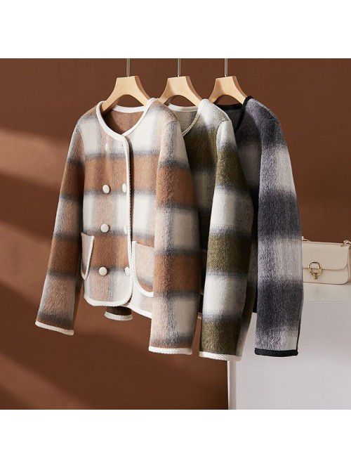 Checkered double-sided woolen coat for women's aut...