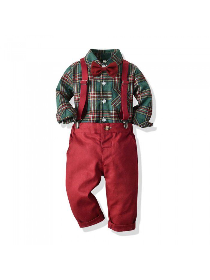 Clothing New Boys' Plaid Long Sleeve Polo Collar Cotton Cardigan Strap Pants Holiday Set Fashion Style 