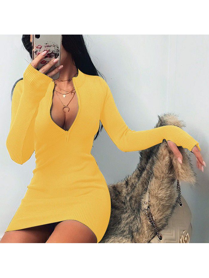 Autumn/Winter Trend Women's Long Sleeve Dress Versatile Neckline Zipper Sexy Slim Fit Wrap Hip Dress 