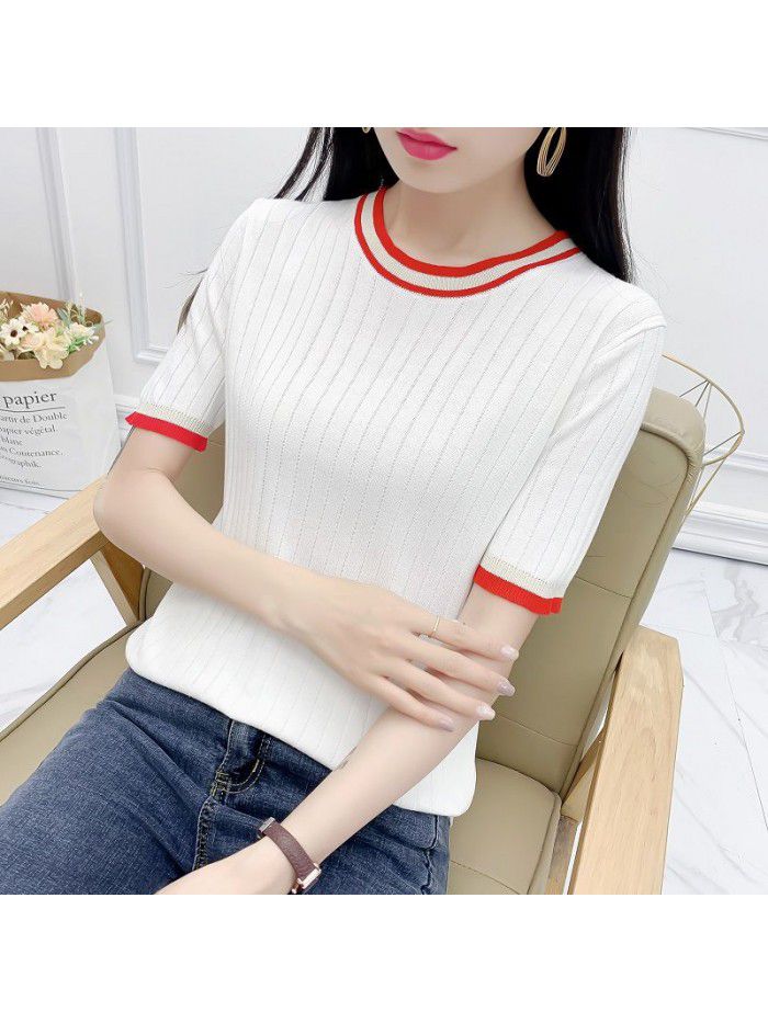 Ice hemp short sleeved t-shirt for women in summer, new women's color matching, thin and fashionable, slimming, ice silk base knit shirt for women 