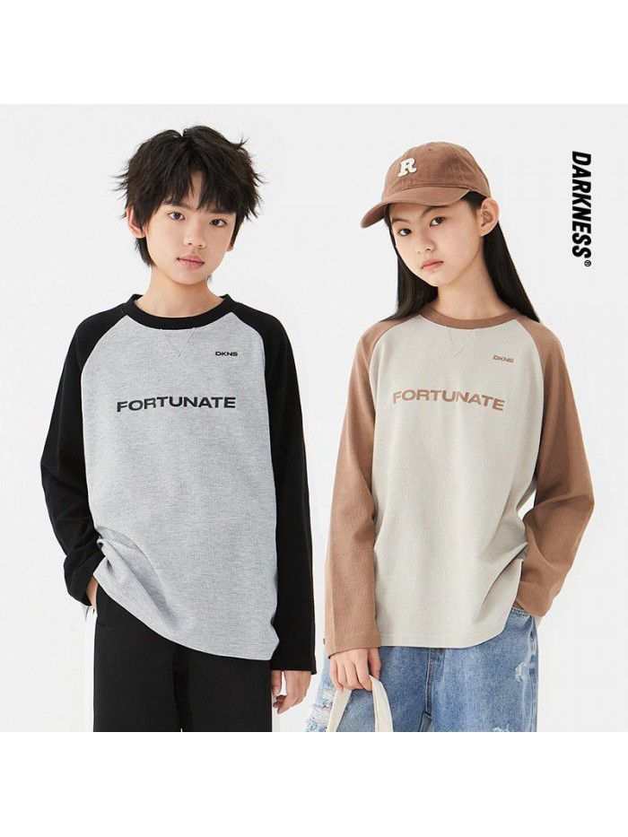 Spring Waffle Girls and Boys' Day Series Spliced Long Sleeve T-Shirt Children's Casual Round Neck Top 