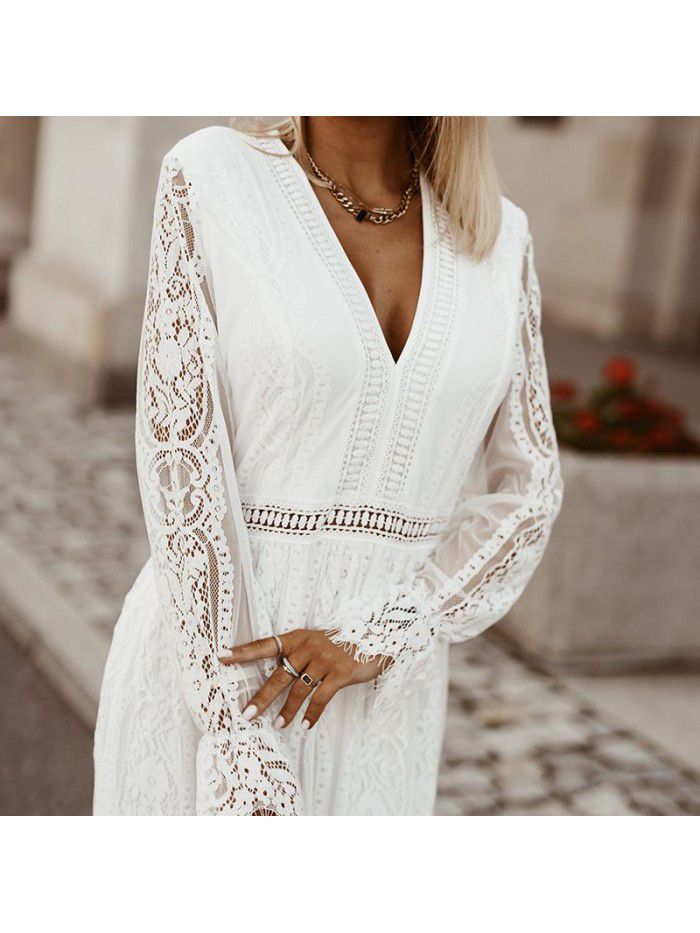 V-neck Pullover Waist Wrap Dress Autumn New Lace Dress 