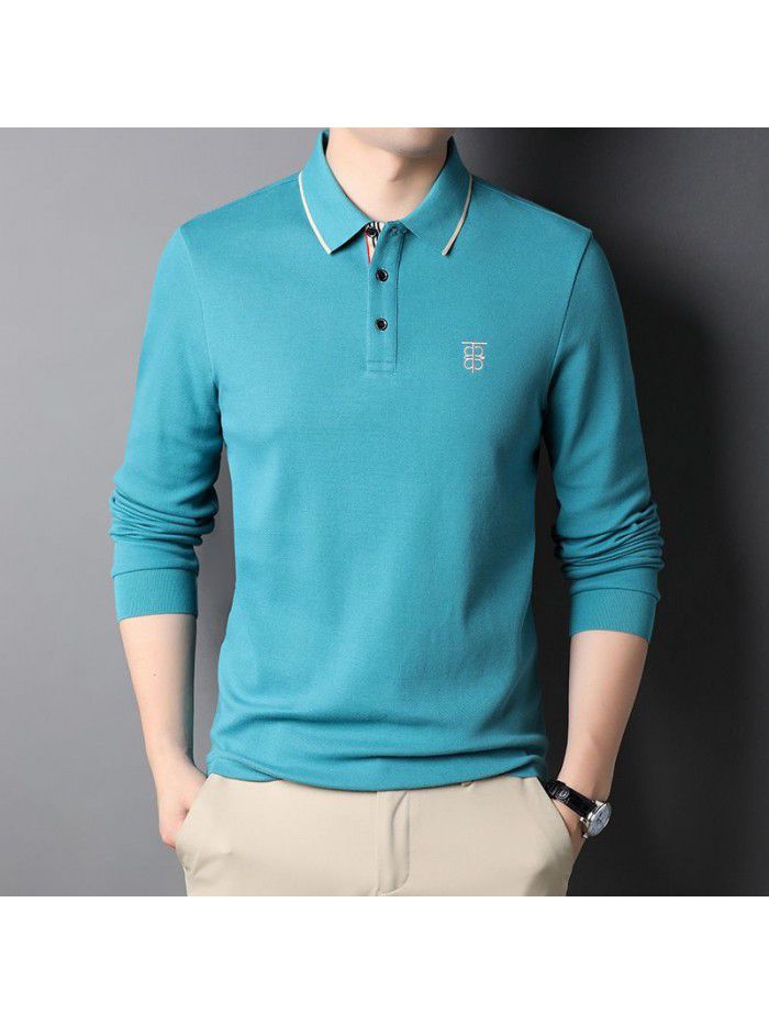 Autumn Men's Youth Long Sleeve Fashion T-shirt with Polo Collar Printed Bottom Cotton Men's POLO Shirt Top 