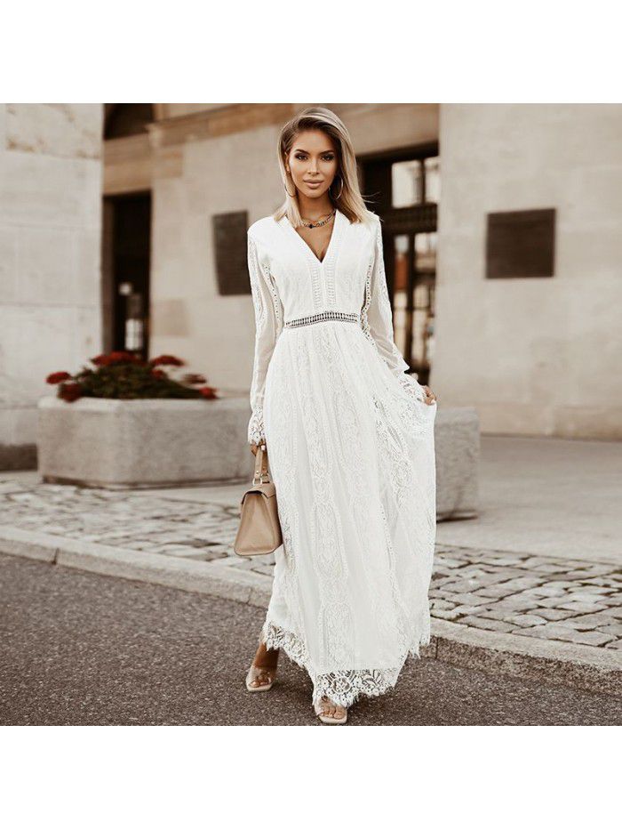 V-neck Pullover Waist Wrap Dress Autumn New Lace Dress 