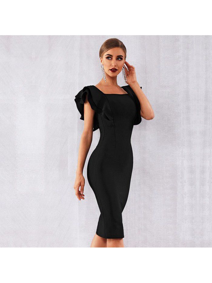 Summer Party Bandage Dress Sexy Ruffle Edge Butterfly Sleeve Tight Club Dress 