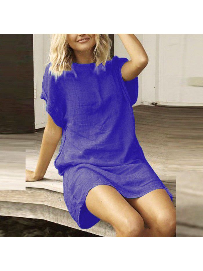 Women's Loose Casual Solid Color Short Sleeve Cotton Linen Dress Women 