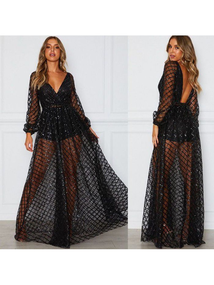 Sexy V-neck open back plaid sequin long evening dress perspective dress 