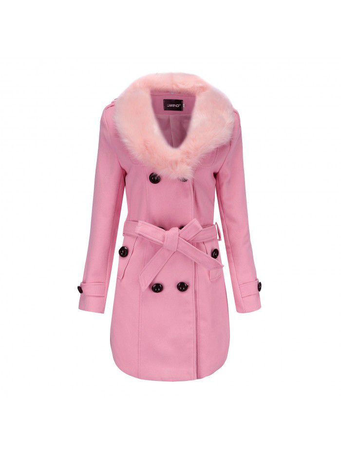 Coat, women's medium length, women's windbreaker, winter clothing, Korean version, large woolen collar, double-sided fabric