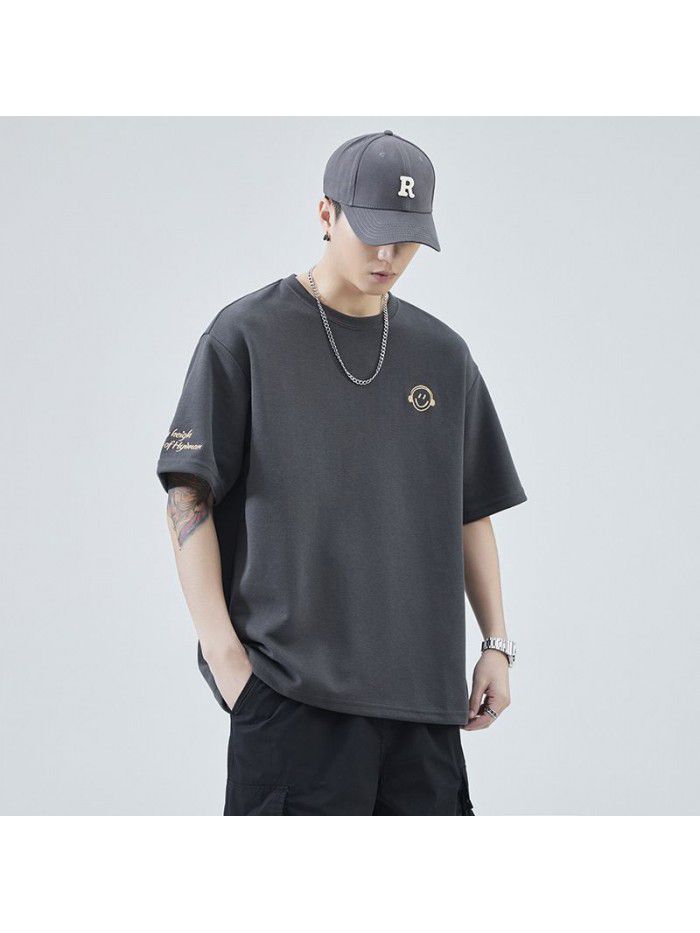 Summer New Embroidery Small Icon Short Sleeve T-shirt for Men's Loose Fashion Versatile Wear 