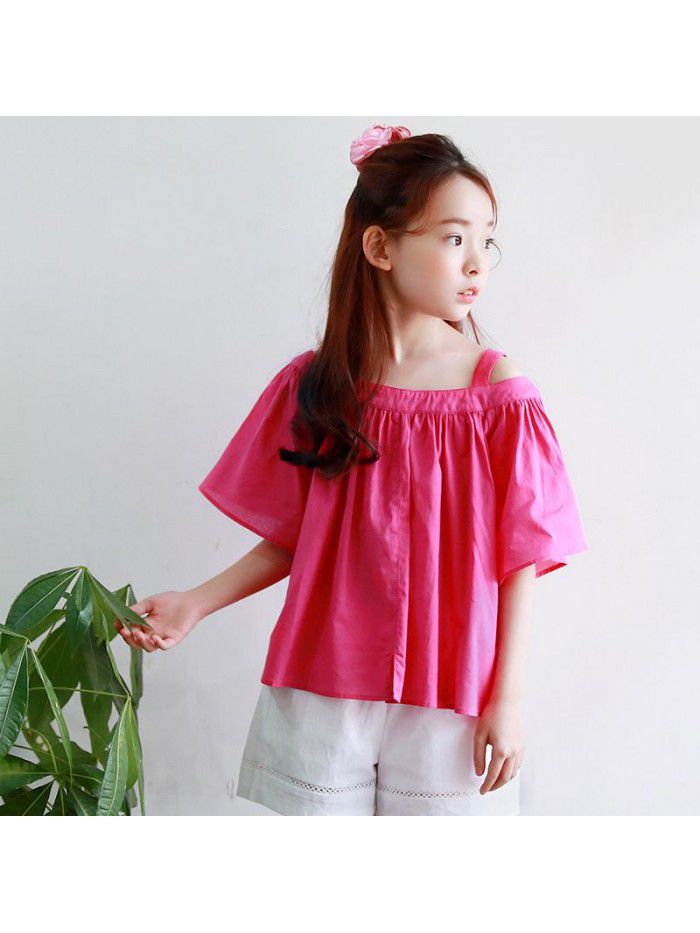 2023 New Summer Korean Edition Children's Off Shoulder Mid size Top Short Sleeve T-shirt for Girls One Piece Replacement A422 