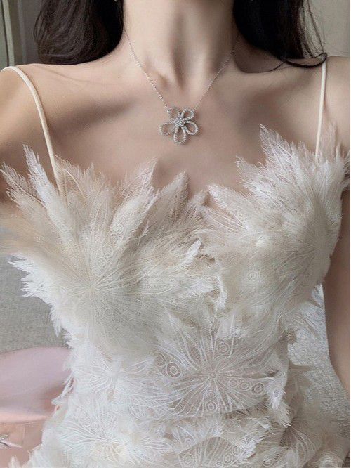 White Feather Lace Flower Fairy Dress Hanging Dres...