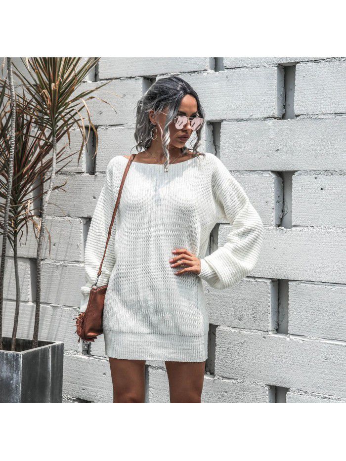 Women's autumn and winter dress casual off shoulder lantern sleeve knitted woolen dress 