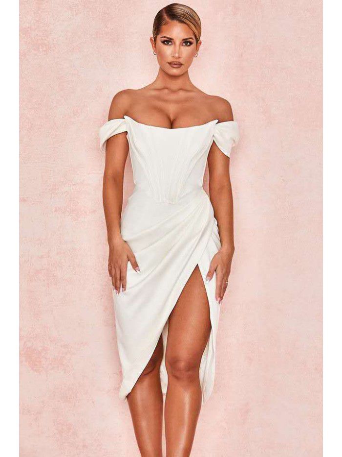 Solid color fishbone suspender sexy slit dress for women 