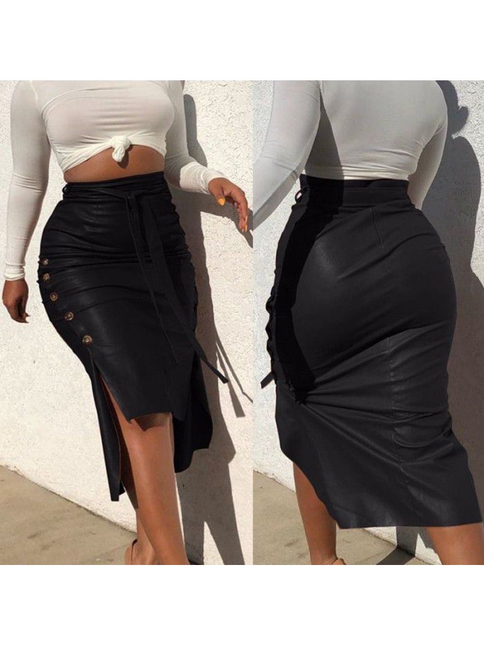 Women's Hot Sale Split Slim Fit Mid Length Wrapped Hip Skirt PU Skirt 