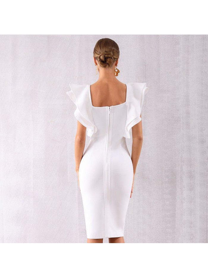 Summer Party Bandage Dress Sexy Ruffle Edge Butterfly Sleeve Tight Club Dress 