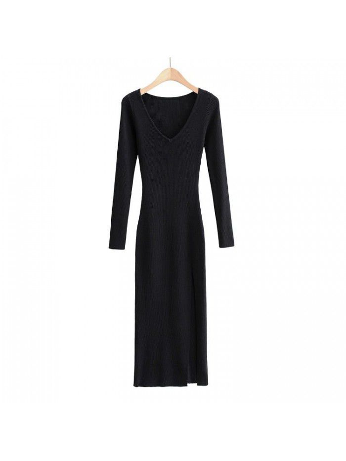 Dress Autumn and Winter Style Temperament Slim Fit V-neck Over Knee Long Dress Sexy Side Split Knitted Dress 