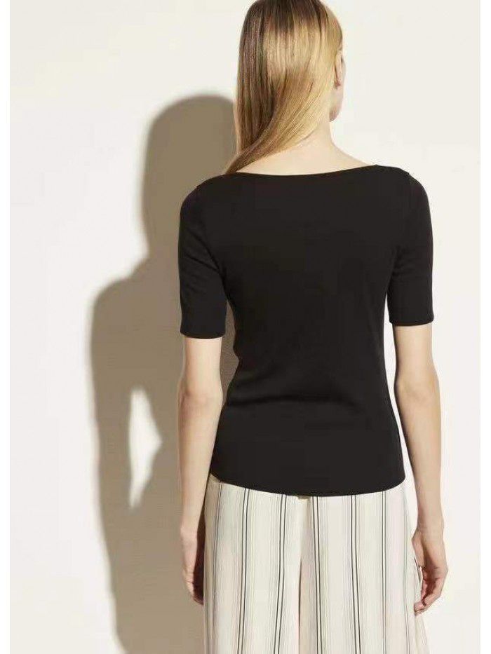 Women's T-shirt Cotton Style Commuter Square Neck Short Sleeve Slim Fit Solid Color T-shirt 