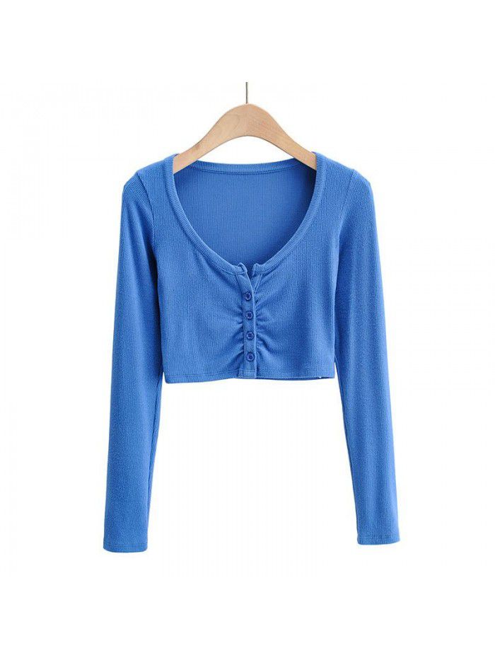 Autumn Spicy Girls Sexy Slim Fit Short Open Umbilical Pleated T-shirt Women's Tight Bottom Shirt Single breasted Top 
