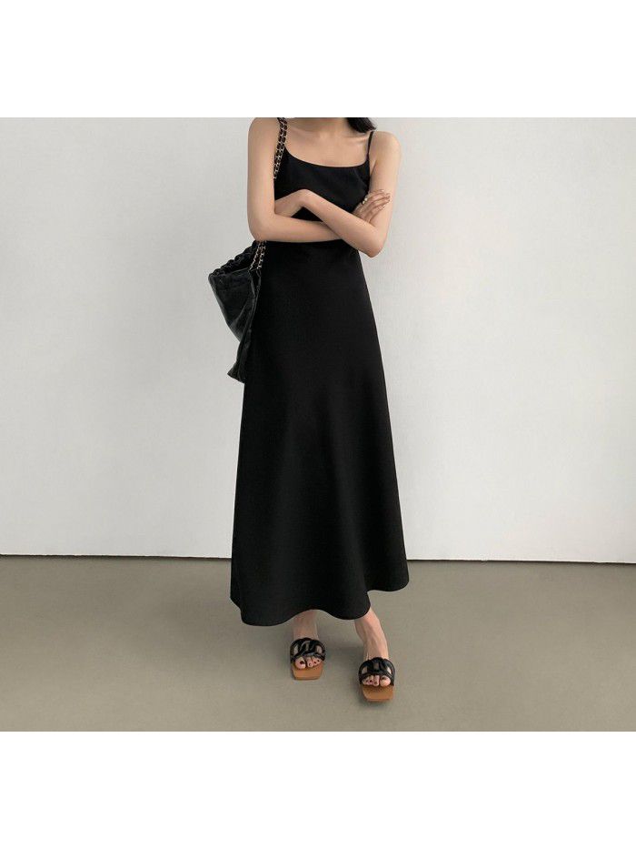 Black French suspender dress for women's new minimalist style diagonal cut long skirt 