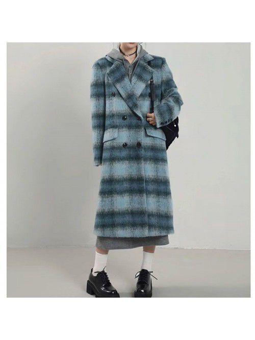 Blue plaid woolen coat for women's winter mid leng...