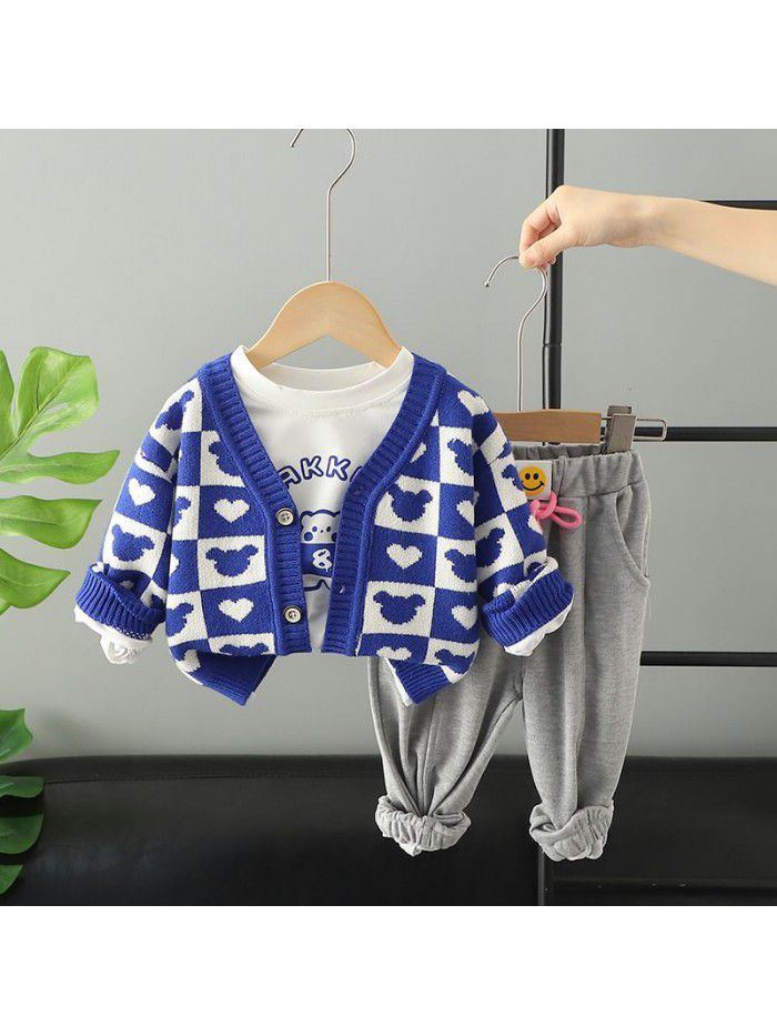 Children's autumn style girls' knitted cardigan jacket printed long sleeved T-shirt casual pants three piece set trend 