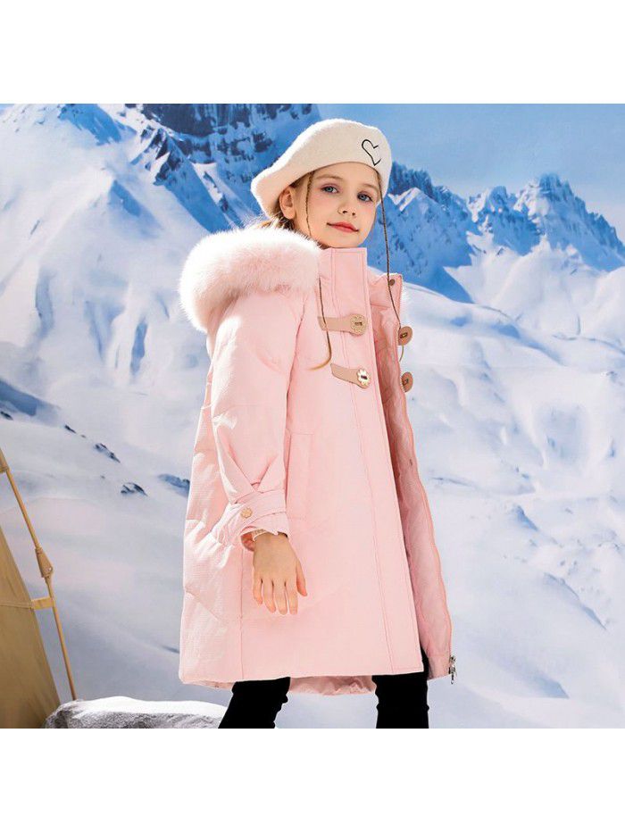 Girls' coat, down jacket, medium length, winter new children's cow horn buckle fashion top, winter