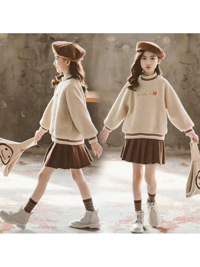 Girls' Winter Dress New Mid to Large Children's Winter Thickened and Plushed One piece Sweater with 100 pleats Set Skirt