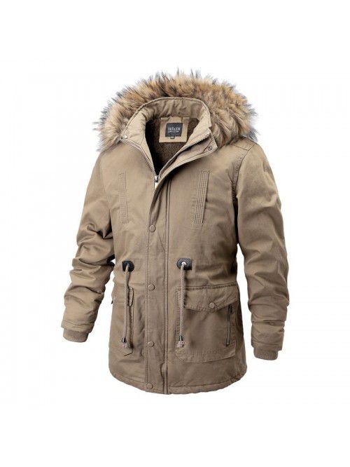 Men's cotton jacket with plush and winter cotton j...