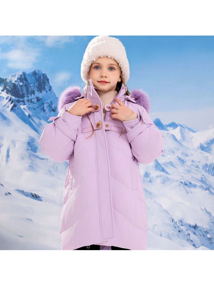 Girls' coat, down jacket, medium length, winter new children's cow horn buckle fashion top, winter