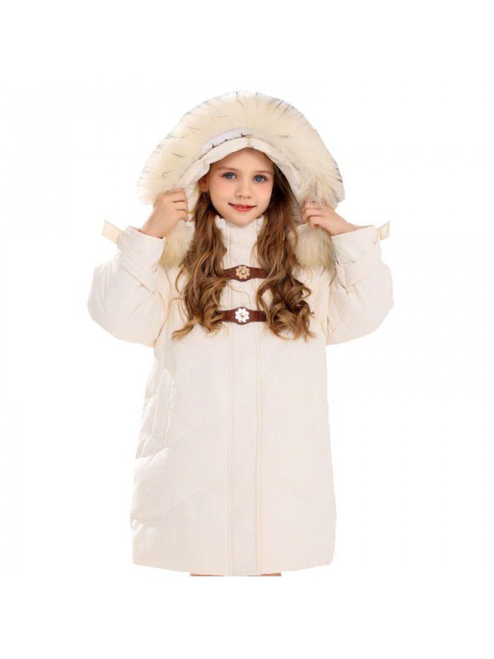 Girls' coat, down jacket, medium length, winter new children's cow horn buckle fashion top, winter