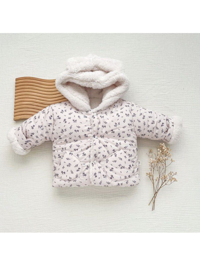 Baby plush winter men and women's clothing bow hooded Korean version newborn warm cotton jacket jacket