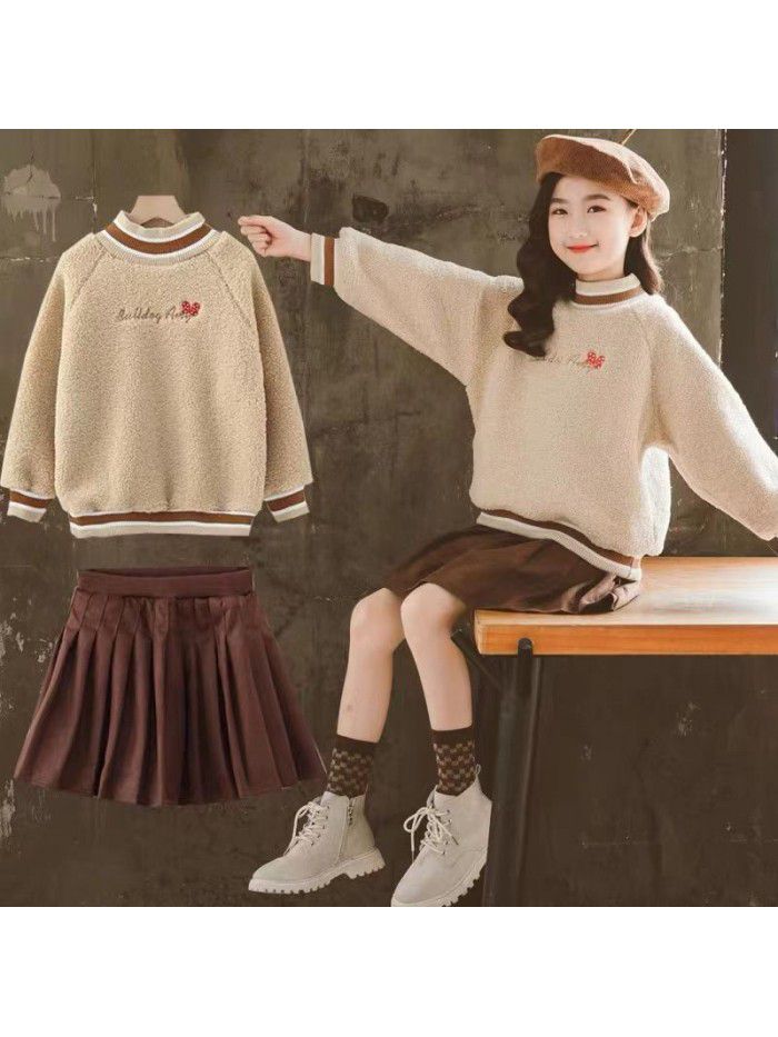 Girls' Winter Dress New Mid to Large Children's Winter Thickened and Plushed One piece Sweater with 100 pleats Set Skirt