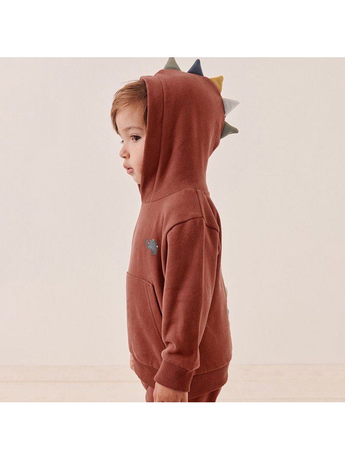 Autumn and winter long sleeved plush hoodie set, new hooded children's set, dinosaur set