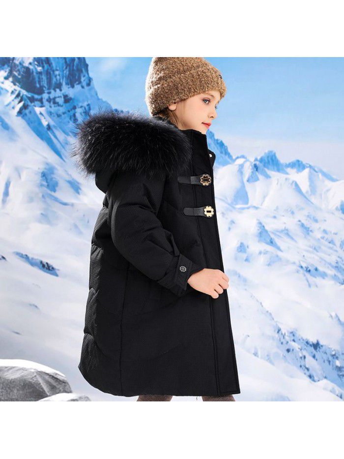 Girls' coat, down jacket, medium length, winter new children's cow horn buckle fashion top, winter