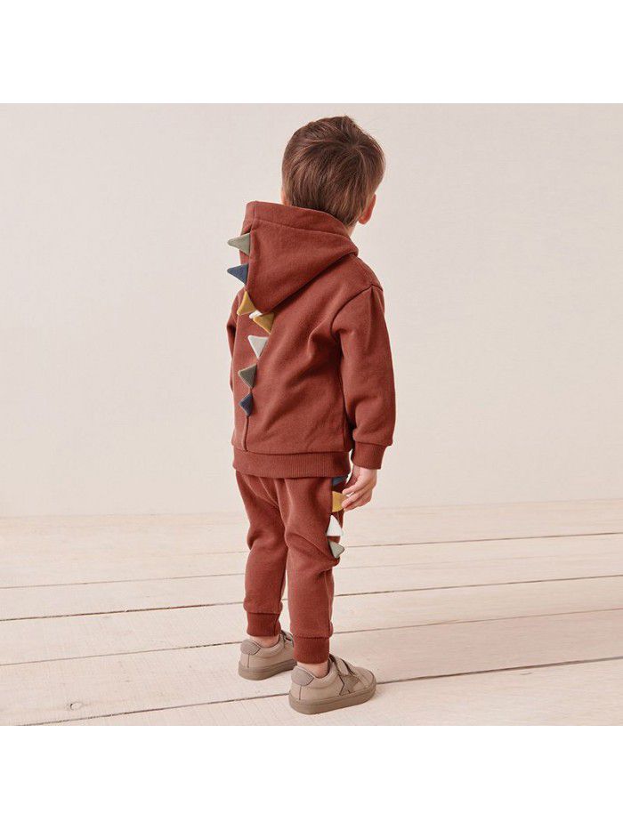 Autumn and winter long sleeved plush hoodie set, new hooded children's set, dinosaur set