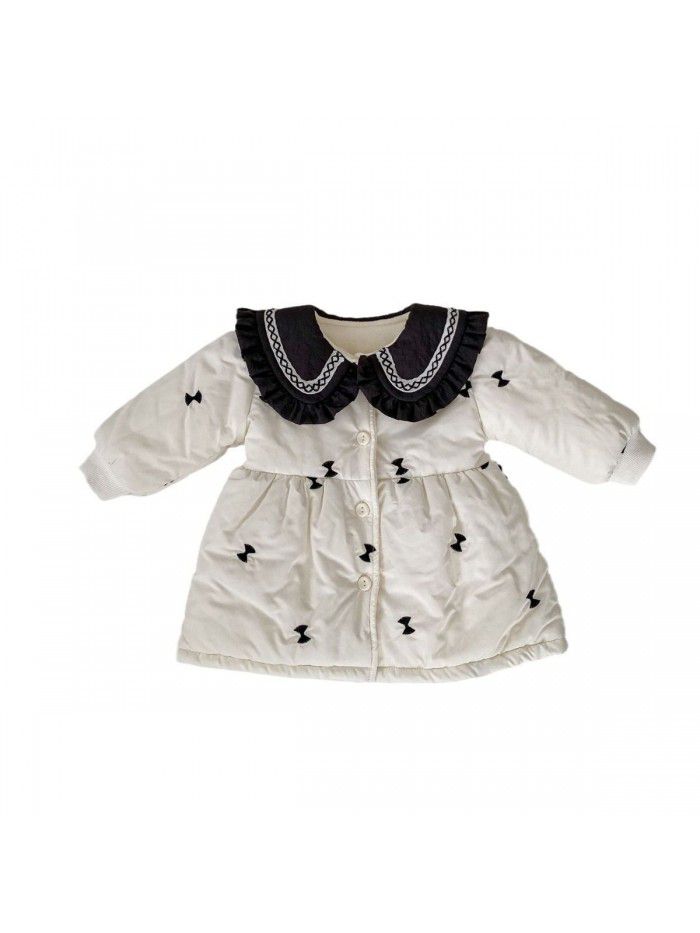 Baby winter cotton jacket, girl baby long thick cardigan, cotton jacket with stylish lace lapel and cotton jacket