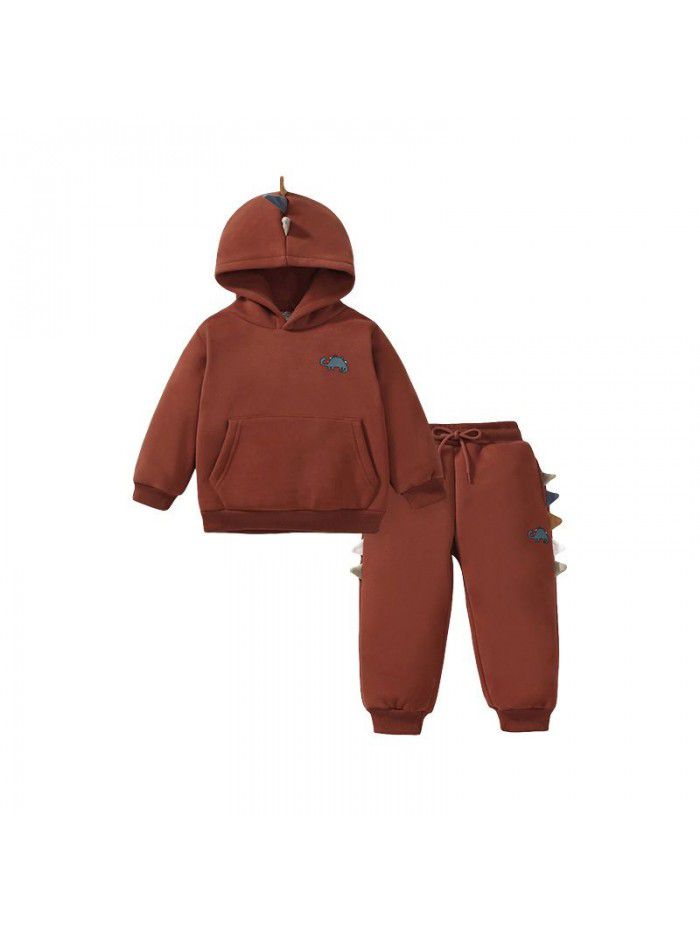 Autumn and winter long sleeved plush hoodie set, new hooded children's set, dinosaur set