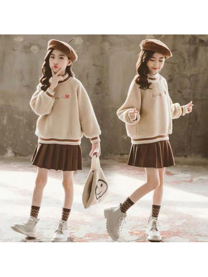 Girls' Winter Dress New Mid to Large Children's Winter Thickened and Plushed One piece Sweater with 100 pleats Set Skirt