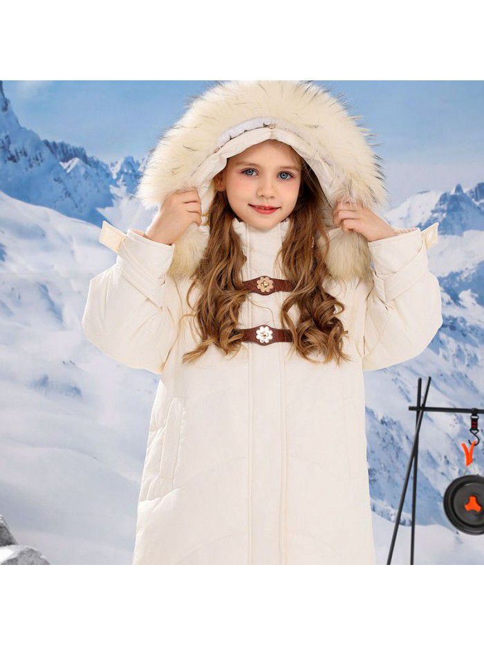 Girls' coat, down jacket, medium length, winter new children's cow horn buckle fashion top, winter