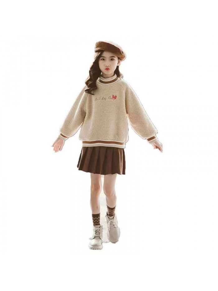 Girls' Winter Dress New Mid to Large Children's Winter Thickened and Plushed One piece Sweater with 100 pleats Set Skirt
