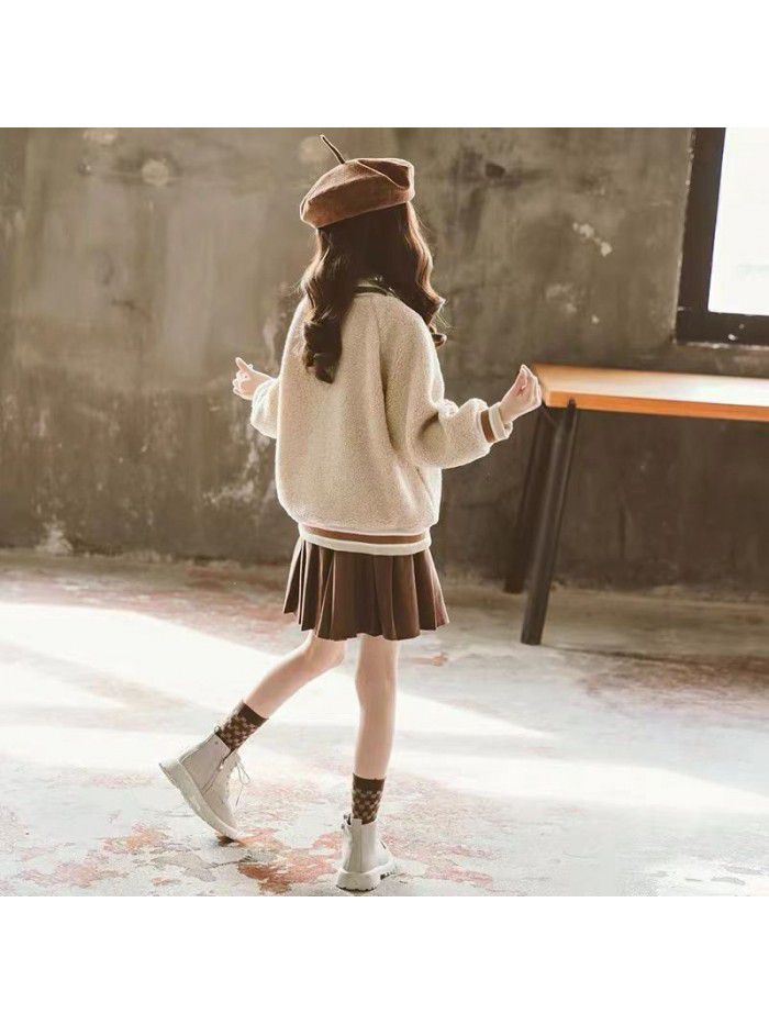 Girls' Winter Dress New Mid to Large Children's Winter Thickened and Plushed One piece Sweater with 100 pleats Set Skirt