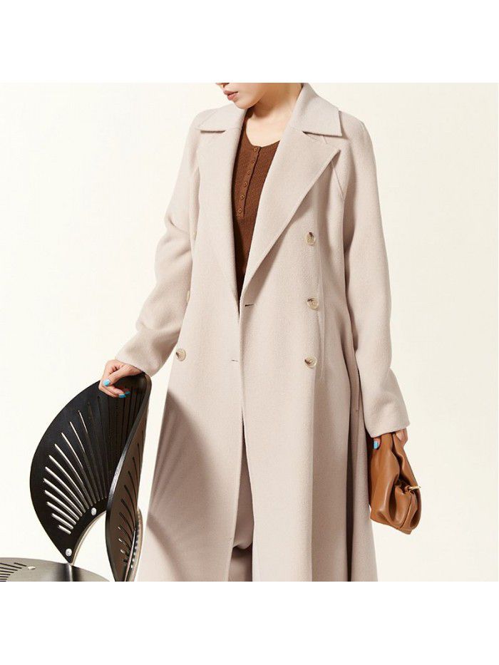 Autumn and winter woolen coat, wool coat, women's fake two-piece set, double breasted woolen coat, women's light and thin mulberry silk coat