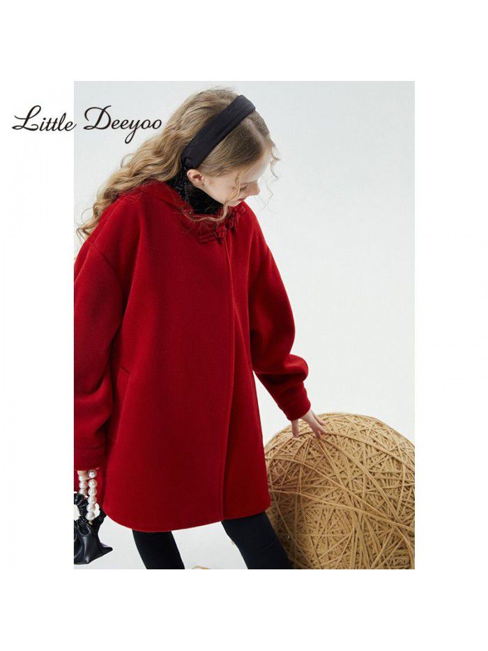 Girls' autumn/winter woolen coat, new winter style, children's Chinese style red button woolen coat