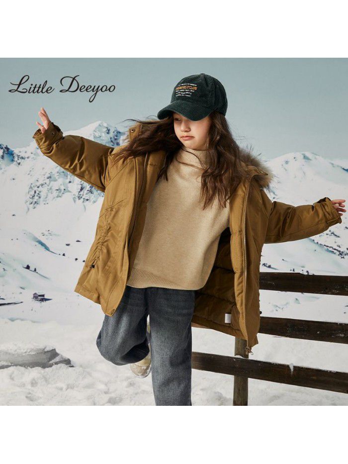 Girls' parka jacket, down jacket, winter clothing, new style, big raccoon neck, windproof, warm and thickened coat for middle-aged and young children