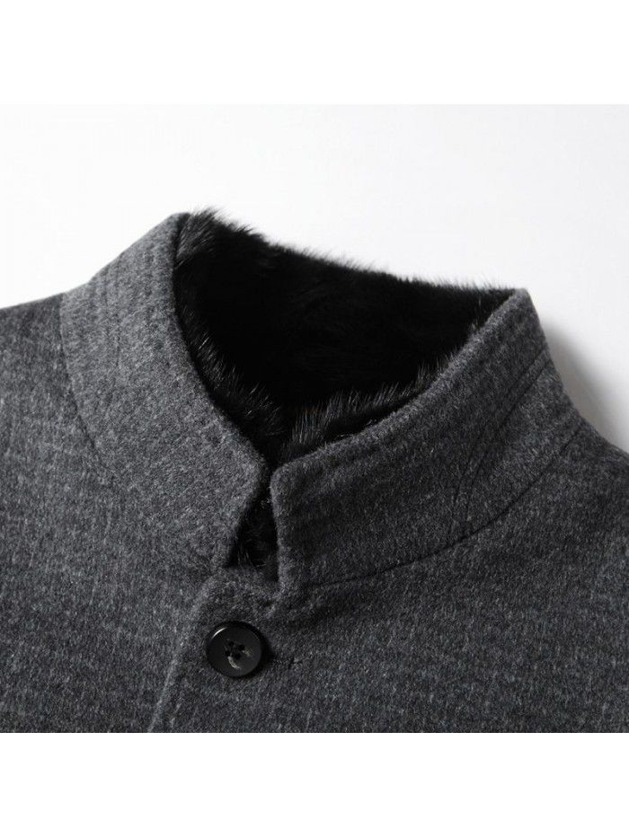 Men's coat autumn and winter mink standing collar down detachable inner lining middle-aged business double-sided woolen warm woolen coat