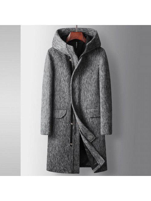 Men's coat autumn and winter long hooded wool wind...